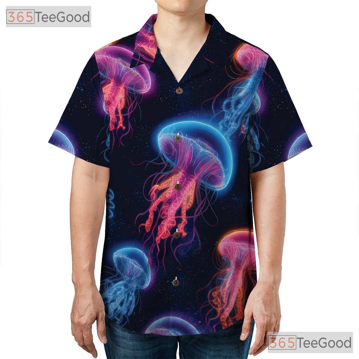 Neon Jellyfish Bioluminescent Ocean Space Aloha Party Hawaiian Shirt Unisex