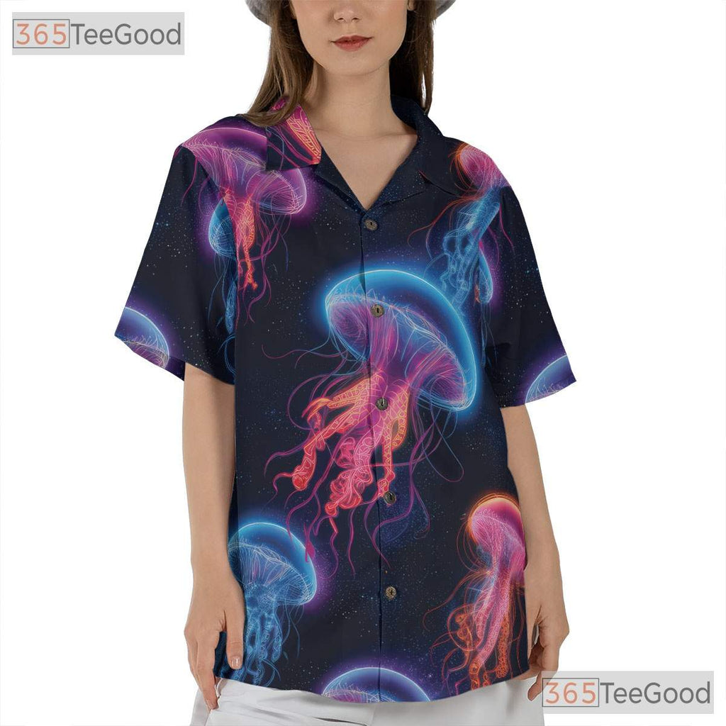Neon Jellyfish Bioluminescent Ocean Space Aloha Party Hawaiian Shirt Unisex