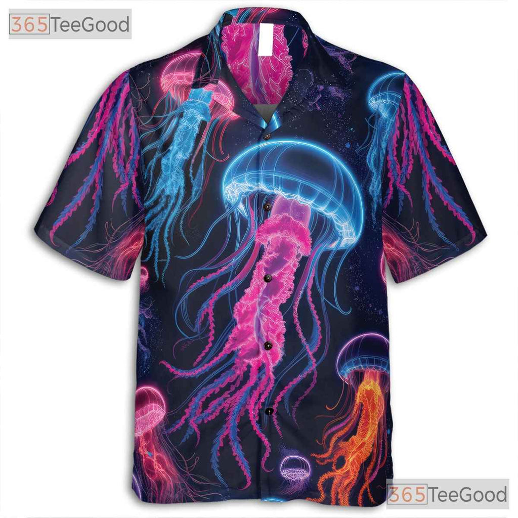 Neon Jellyfish Ocean Space Bioluminescent Aloha Party Hawaiian Tee Unisex