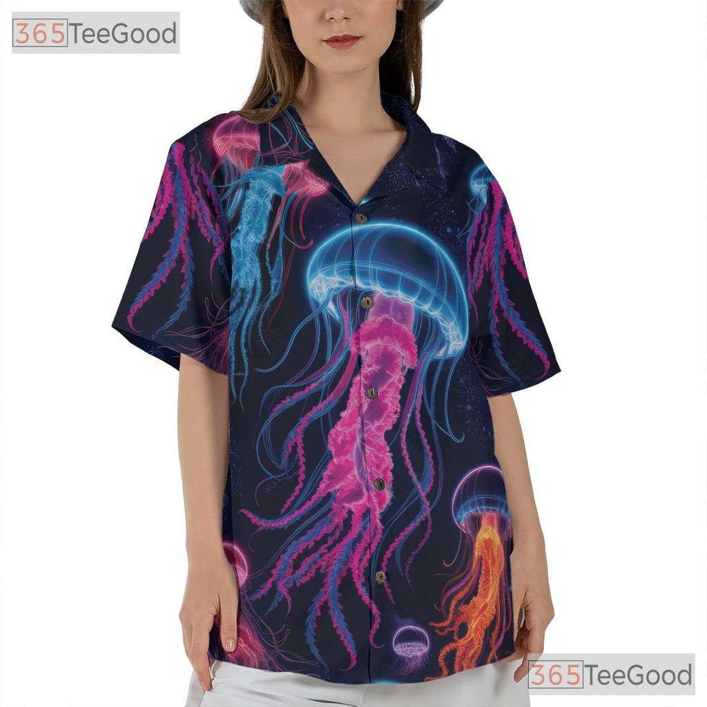 Neon Jellyfish Ocean Space Bioluminescent Aloha Party Hawaiian Tee Unisex