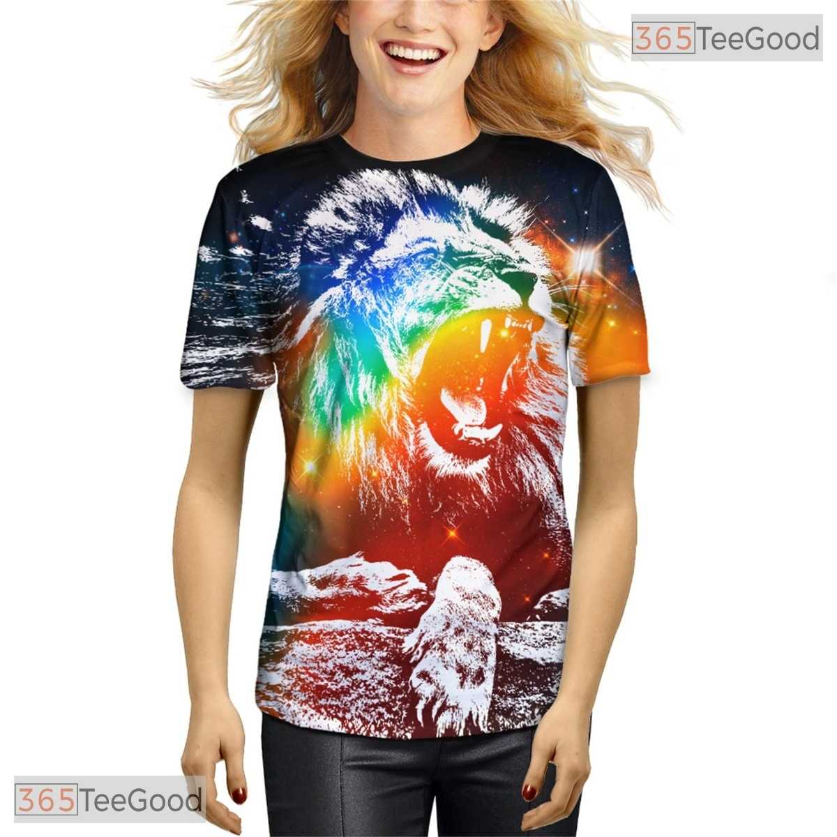 Vibrant Neon Lion Portrait Graphic Art 3D Printed Casual Unisex T-Shirt Styles