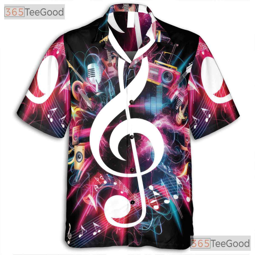 Neon Music Treble Clef DJ Guitar Mic Band Concert Hawaiian Tee Unisex Top