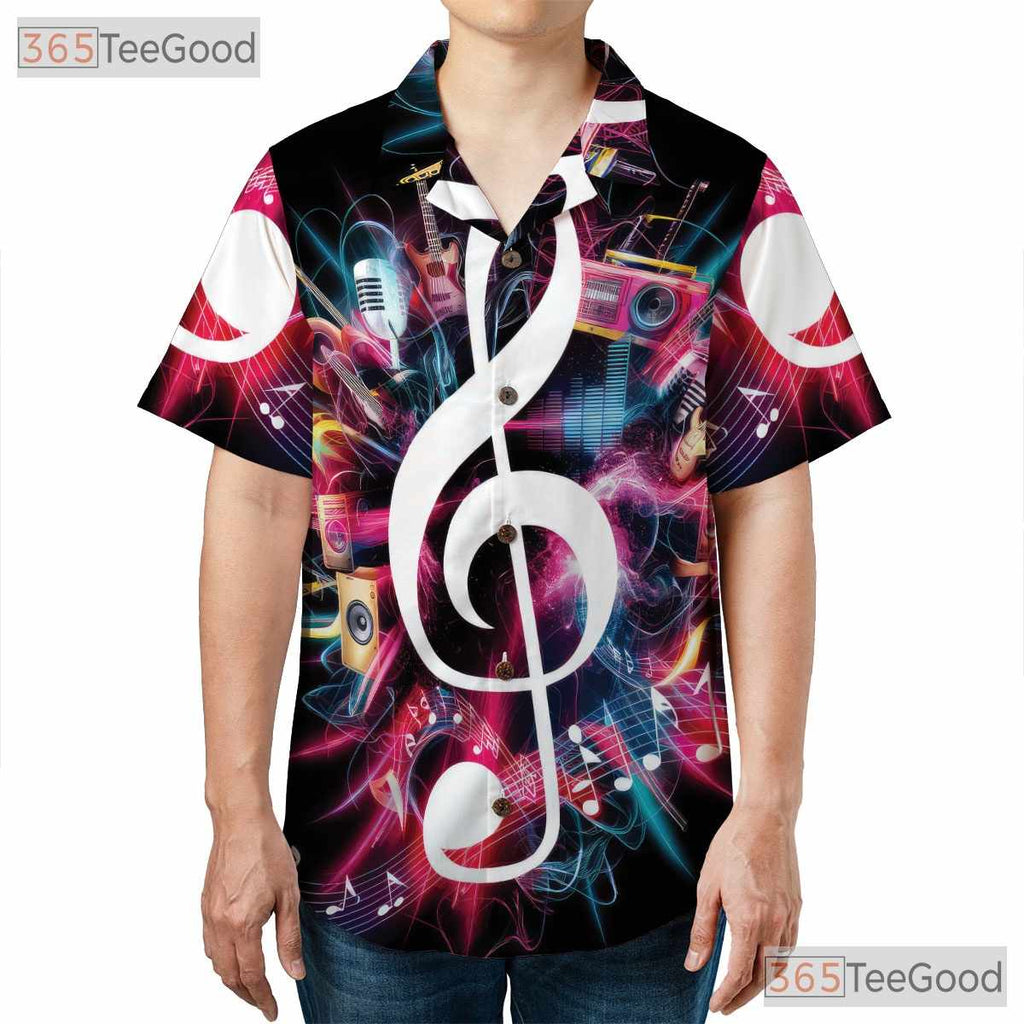 Neon Music Treble Clef DJ Guitar Mic Band Concert Hawaiian Tee Unisex Top