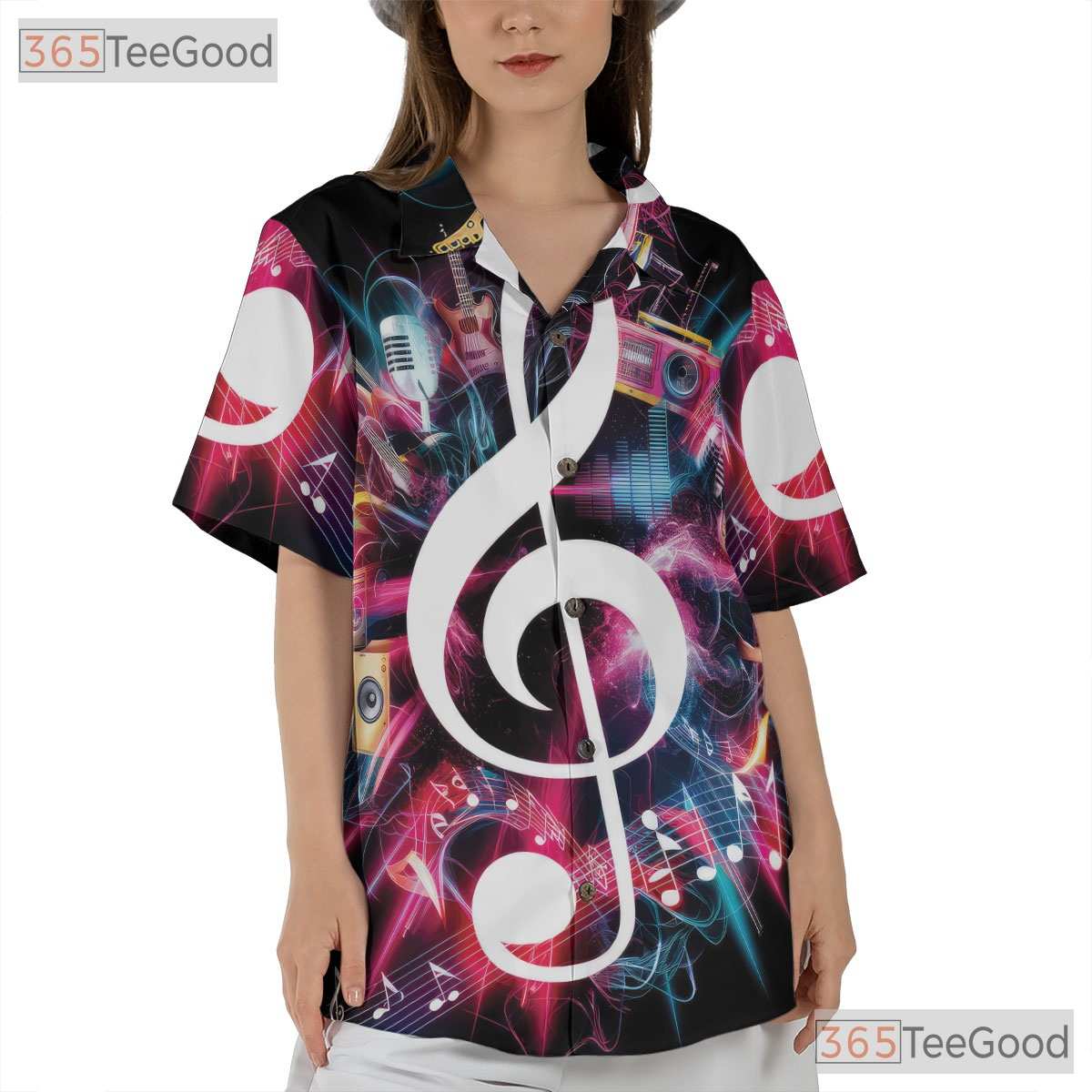Neon Music Treble Clef DJ Guitar Mic Band Concert Hawaiian Tee Unisex Top