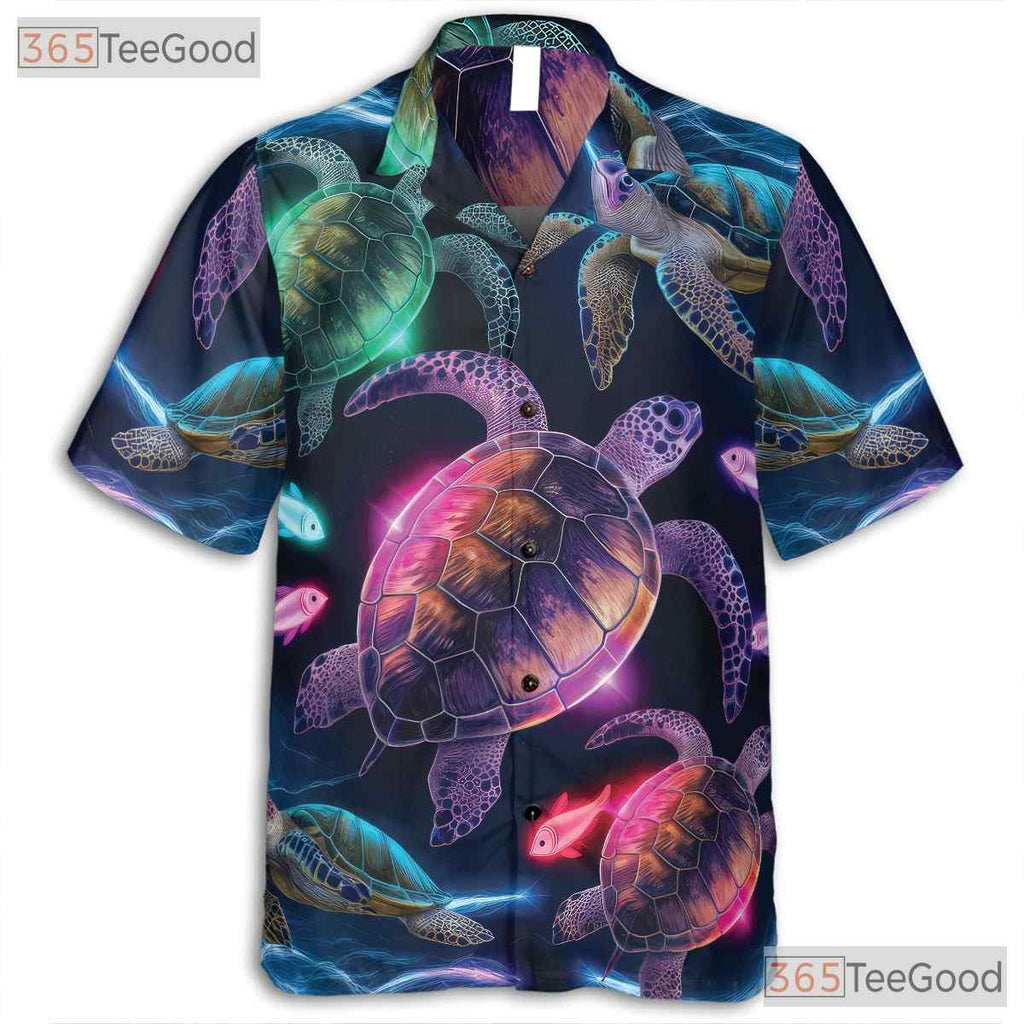 Neon Ocean Glow Sea Turtle Aloha Beach Hawaiian Tee Men Women Summer Outfit Top