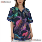 Neon Ocean Glow Sea Turtle Aloha Beach Hawaiian Tee Men Women Summer Outfit Top