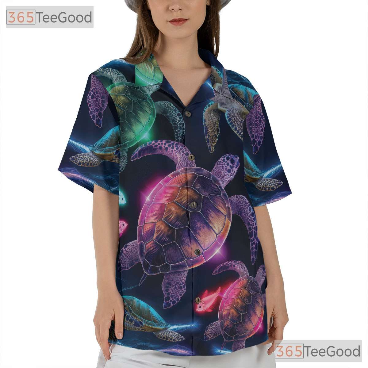 Neon Ocean Glow Sea Turtle Aloha Beach Hawaiian Tee Men Women Summer Outfit Top