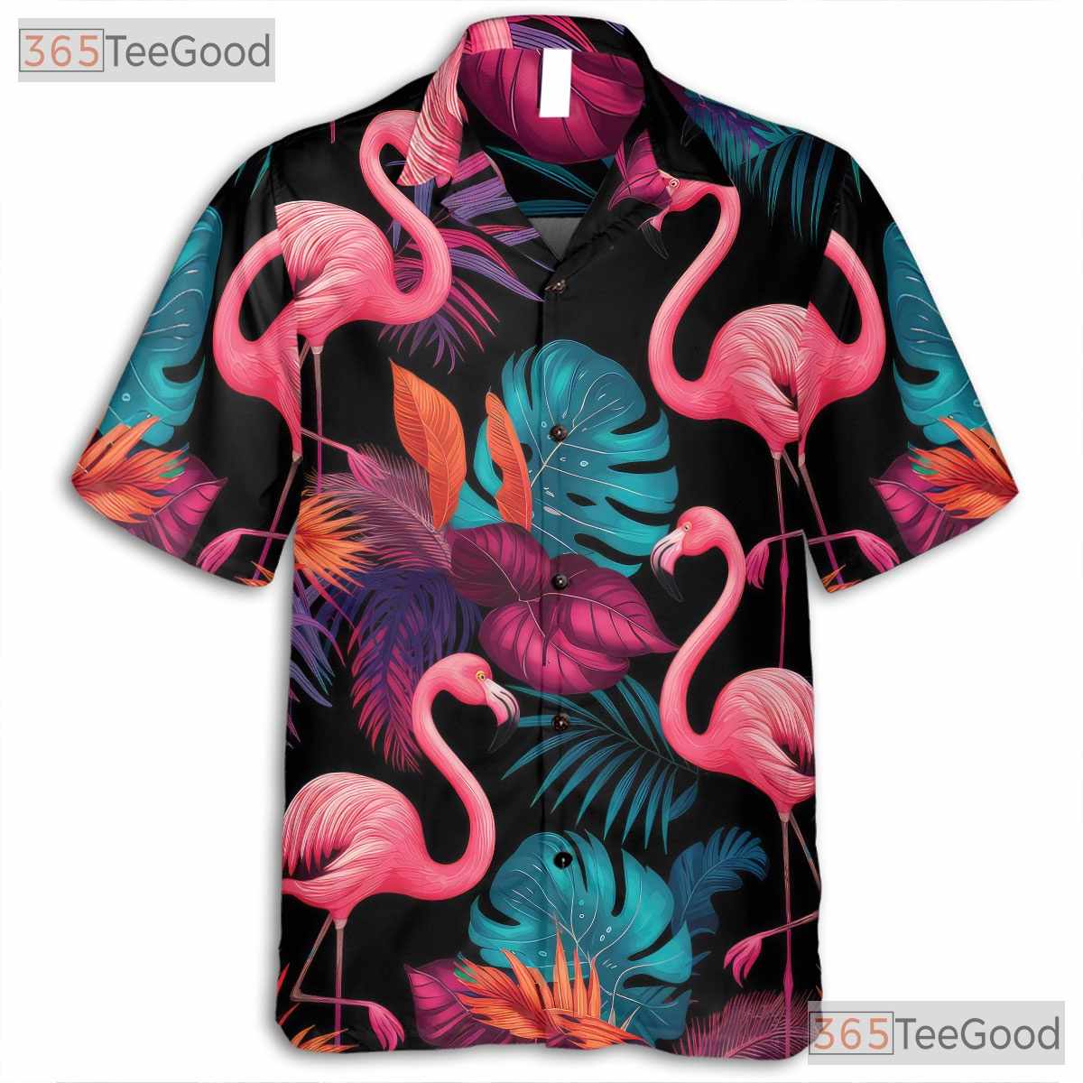 Neon Pink Flamingos Black Tropical Party Hawaiian Tee Unisex Beach Outfit