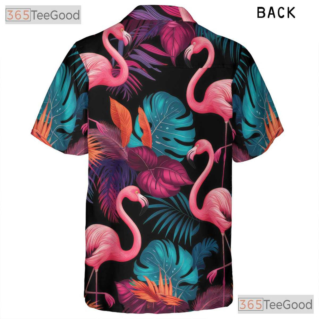 Neon Pink Flamingos Black Tropical Party Hawaiian Tee Unisex Beach Outfit