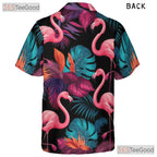 Neon Pink Flamingos Black Tropical Party Hawaiian Tee Unisex Beach Outfit