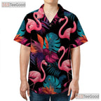 Neon Pink Flamingos Black Tropical Party Hawaiian Tee Unisex Beach Outfit