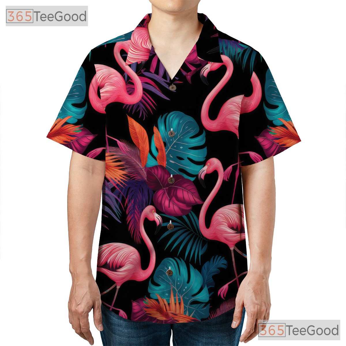 Neon Pink Flamingos Black Tropical Party Hawaiian Tee Unisex Beach Outfit
