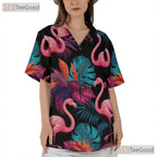 Neon Pink Flamingos Black Tropical Party Hawaiian Tee Unisex Beach Outfit