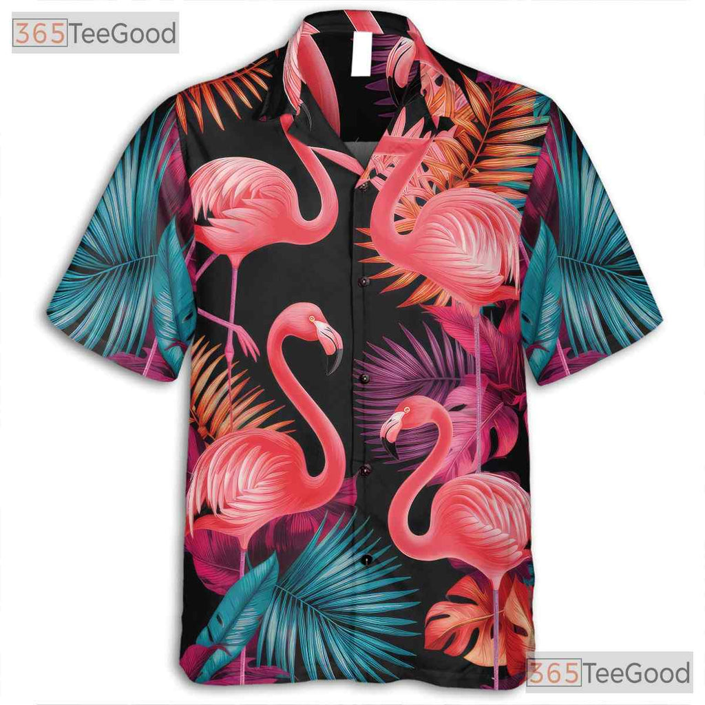 Neon Pink Flamingos Tropical Leaves Black Hawaiian Tee Unisex Party Outfit