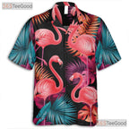 Neon Pink Flamingos Tropical Leaves Black Hawaiian Tee Unisex Party Outfit