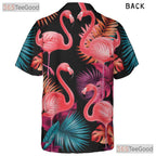 Neon Pink Flamingos Tropical Leaves Black Hawaiian Tee Unisex Party Outfit