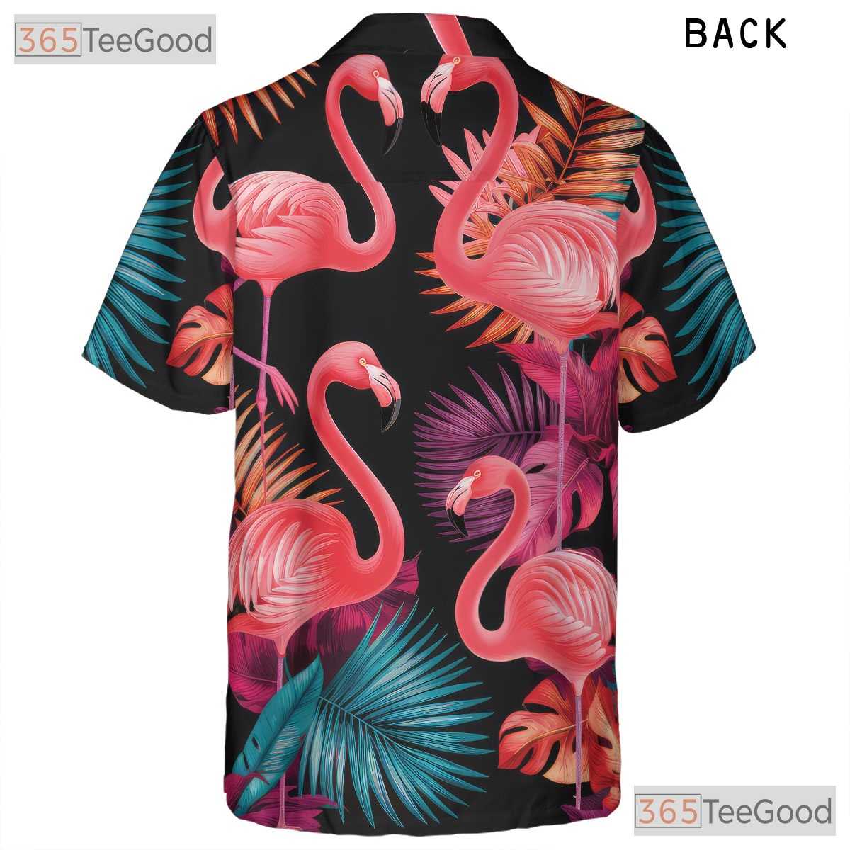 Neon Pink Flamingos Tropical Leaves Black Hawaiian Tee Unisex Party Outfit