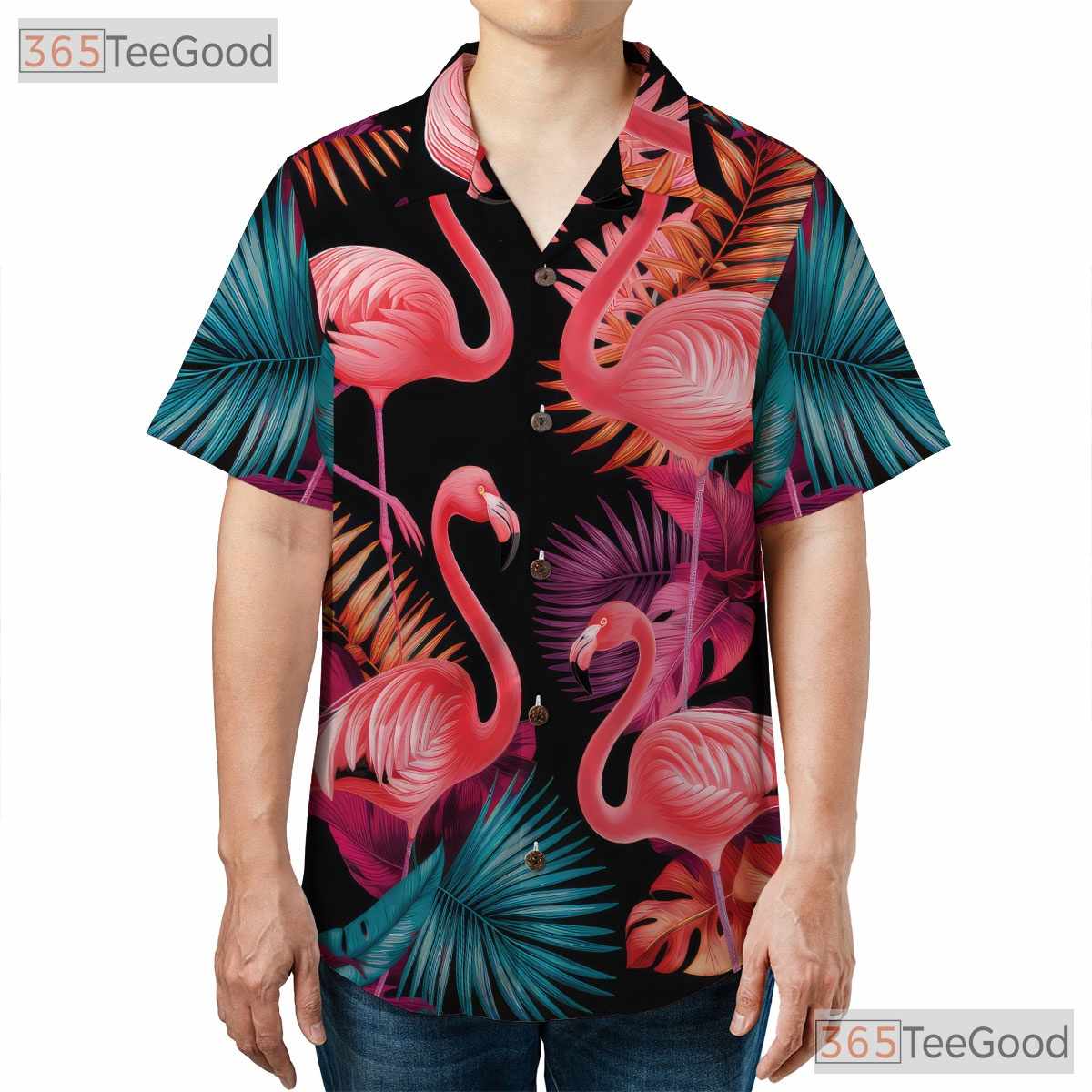 Neon Pink Flamingos Tropical Leaves Black Hawaiian Tee Unisex Party Outfit