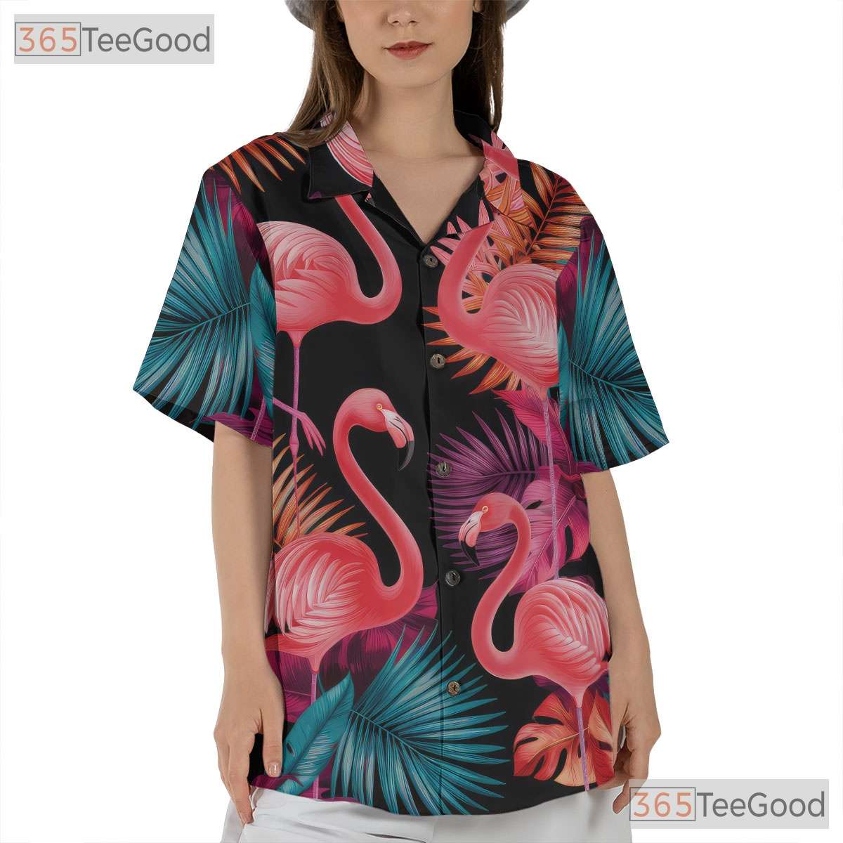 Neon Pink Flamingos Tropical Leaves Black Hawaiian Tee Unisex Party Outfit