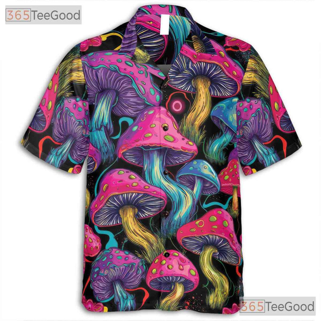 Neon Psychedelic Trippy Mushroom Fungi Black Hawaiian Shirt Unisex Summer Top