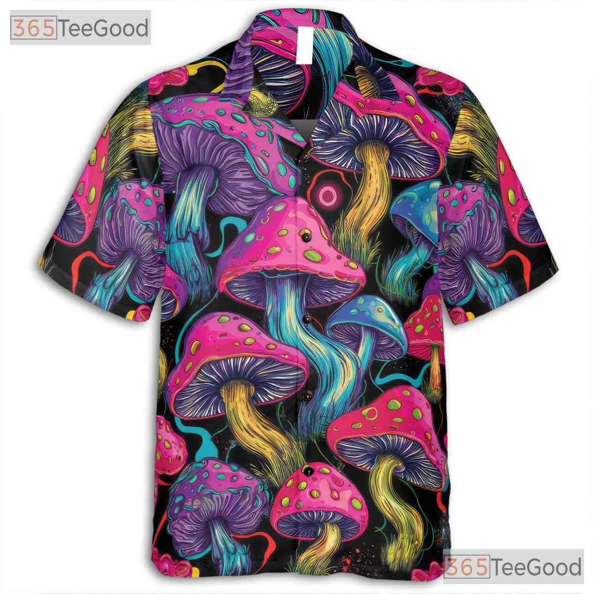 Neon Psychedelic Trippy Mushroom Fungi Black Hawaiian Shirt Unisex Summer Top