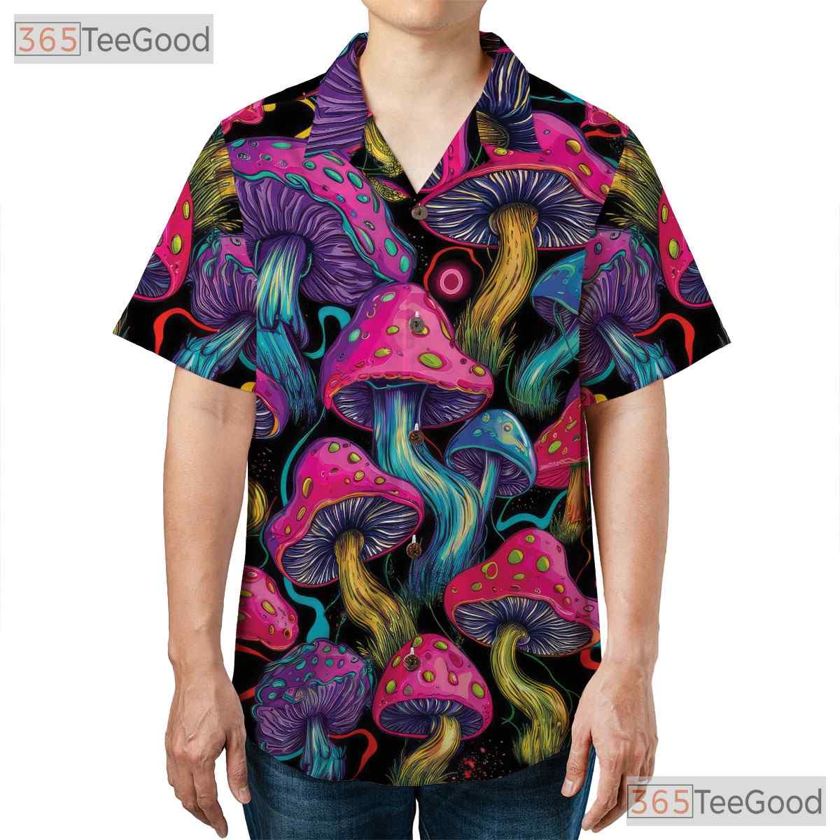 Neon Psychedelic Trippy Mushroom Fungi Black Hawaiian Shirt Unisex Summer Top