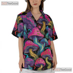 Neon Psychedelic Trippy Mushroom Fungi Black Hawaiian Shirt Unisex Summer Top