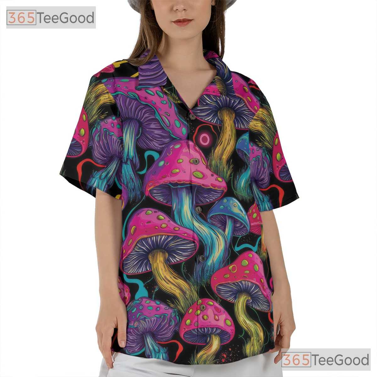 Neon Psychedelic Trippy Mushroom Fungi Black Hawaiian Shirt Unisex Summer Top