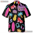 Neon Retro Roller Skate Hawaiian Tee- Unisex Pineapple Palm Summer Beach Top