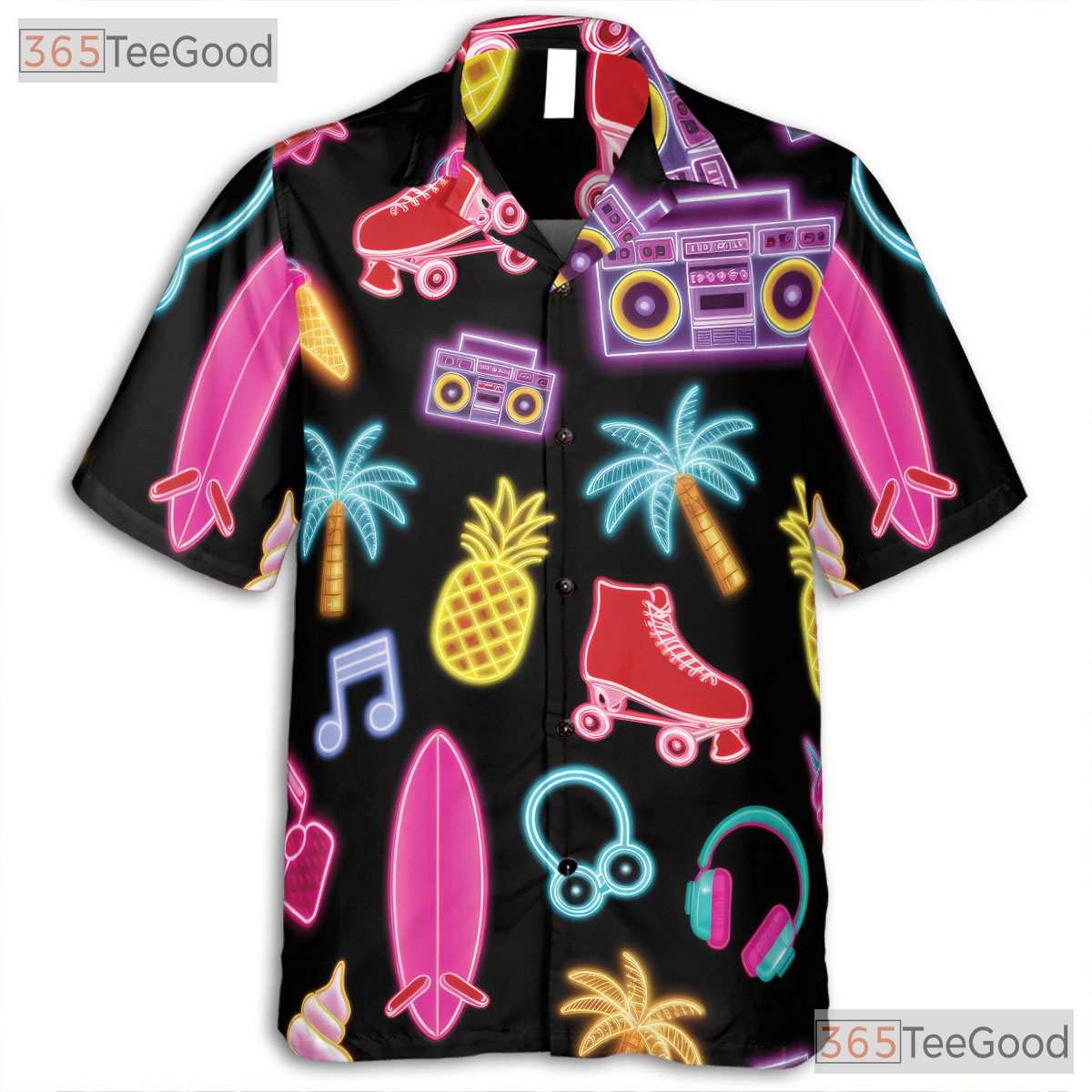Neon Retro Roller Skate Hawaiian Tee- Unisex Pineapple Palm Summer Beach Top
