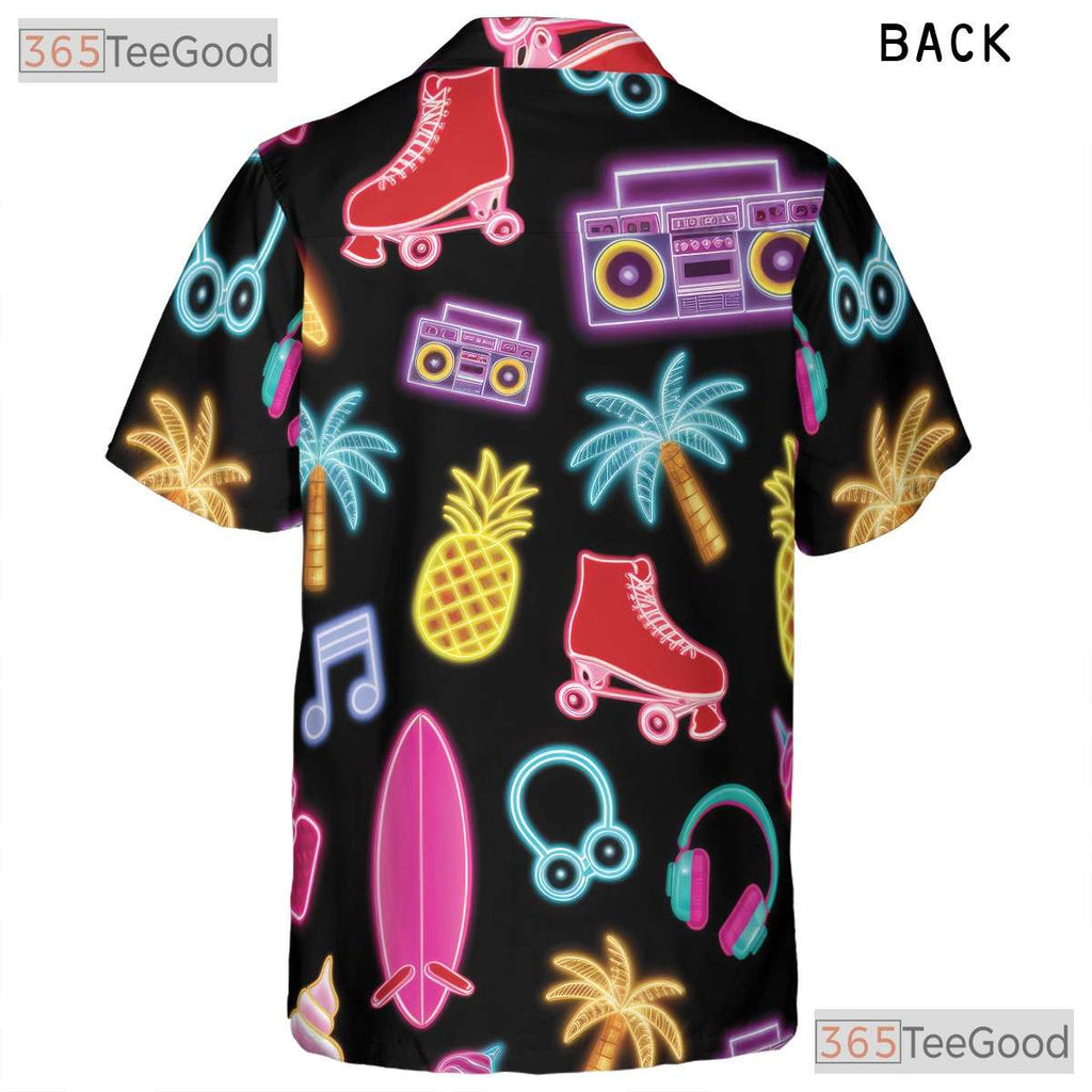 Neon Retro Roller Skate Hawaiian Tee- Unisex Pineapple Palm Summer Beach Top