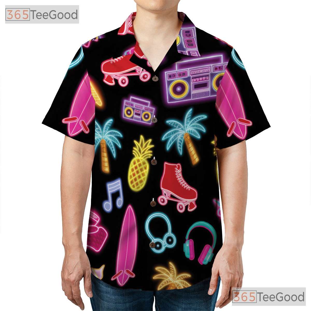 Neon Retro Roller Skate Hawaiian Tee- Unisex Pineapple Palm Summer Beach Top