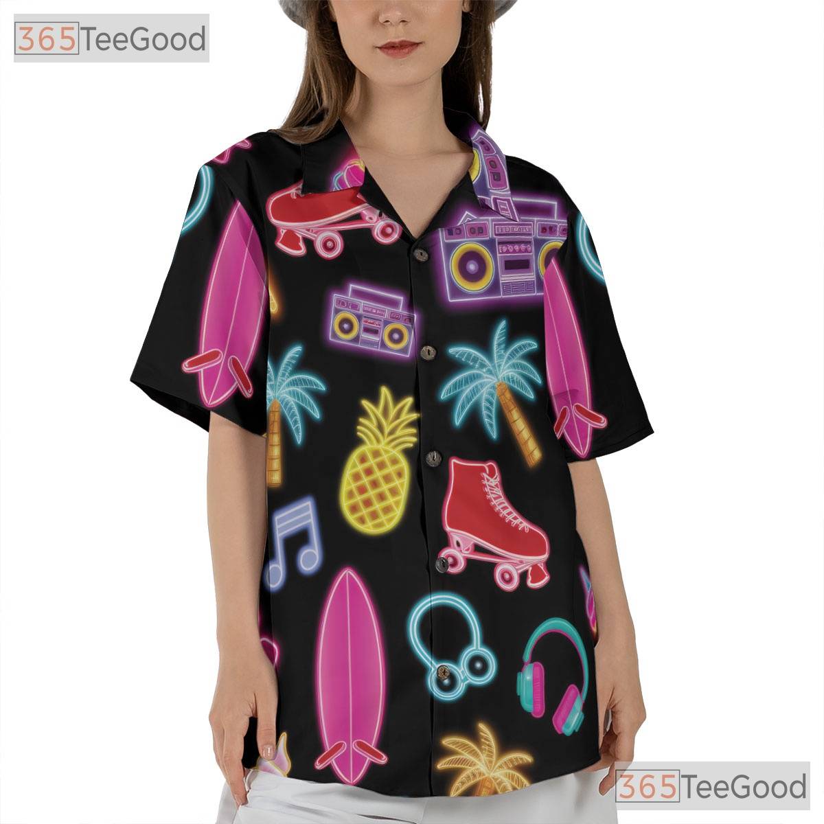 Neon Retro Roller Skate Hawaiian Tee- Unisex Pineapple Palm Summer Beach Top