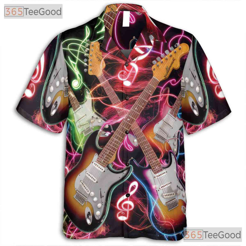 Neon Rock Music Notes Electric Guitar Black Concert Hawaiian Shirt Unisex
