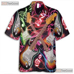 Neon Rock Music Notes Electric Guitar Black Concert Hawaiian Shirt Unisex