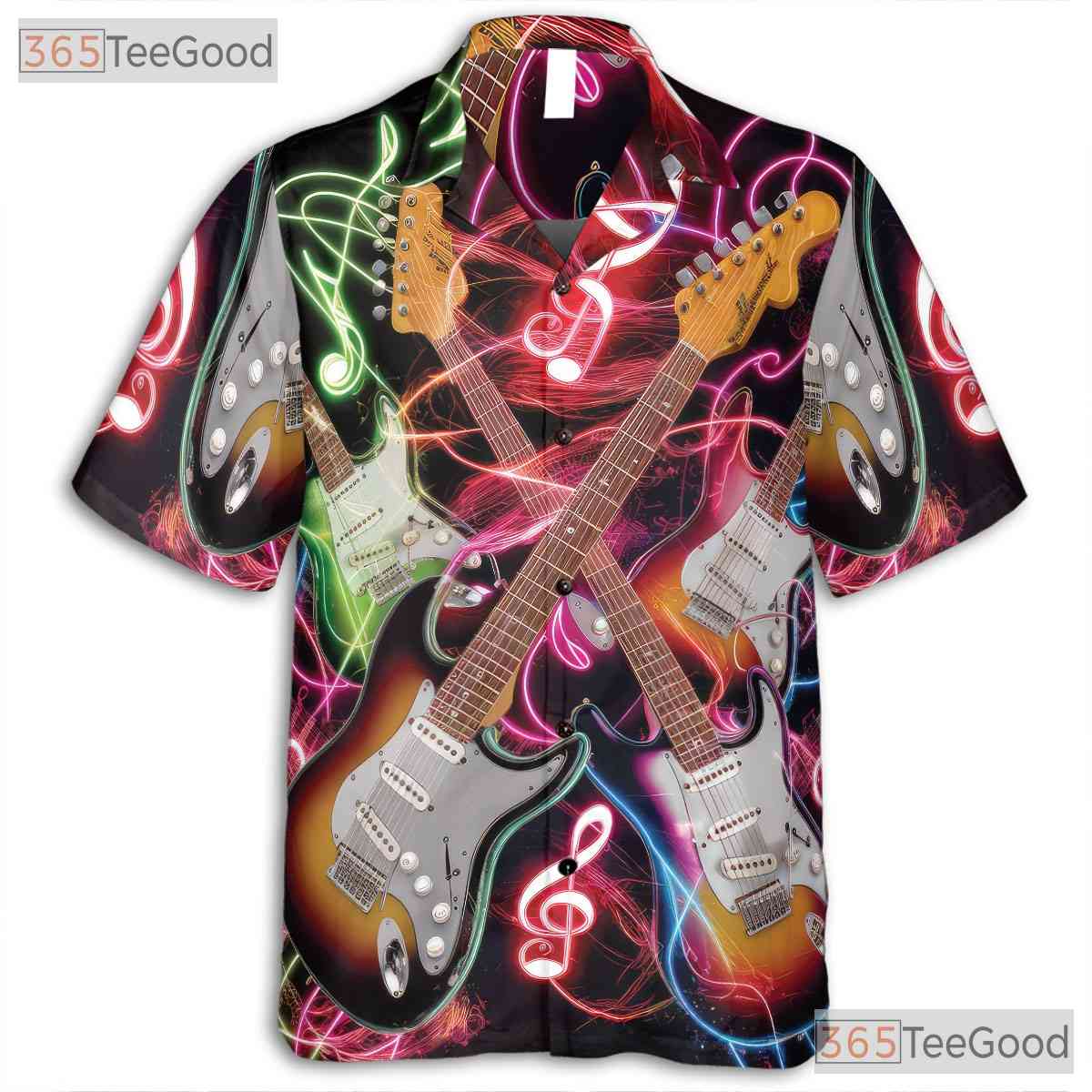 Neon Rock Music Notes Electric Guitar Black Concert Hawaiian Shirt Unisex