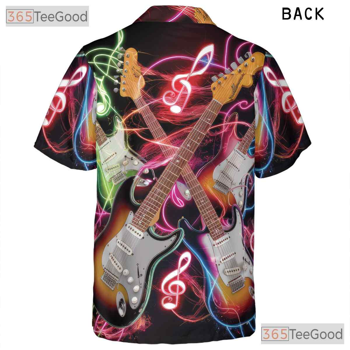 Neon Rock Music Notes Electric Guitar Black Concert Hawaiian Shirt Unisex