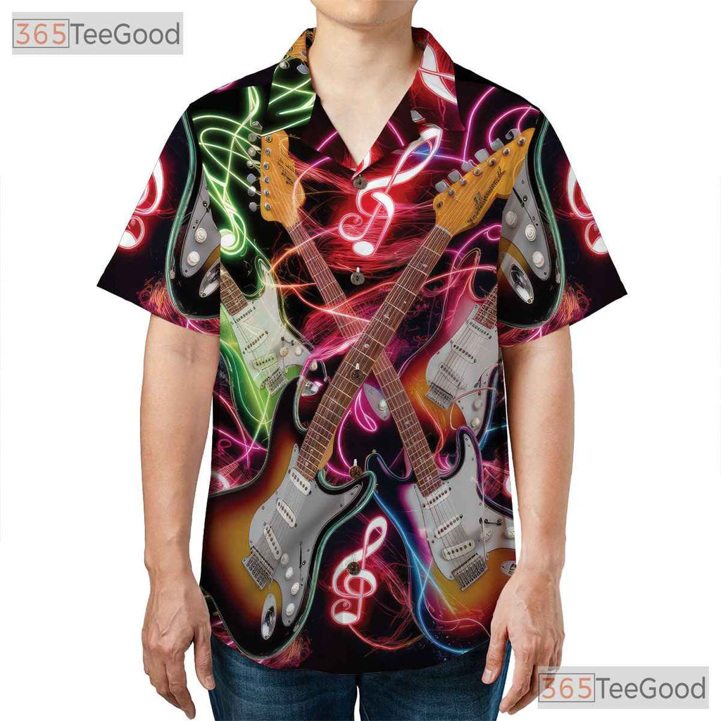 Neon Rock Music Notes Electric Guitar Black Concert Hawaiian Shirt Unisex