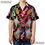 Neon Rock Music Notes Electric Guitar Black Concert Hawaiian Shirt Unisex