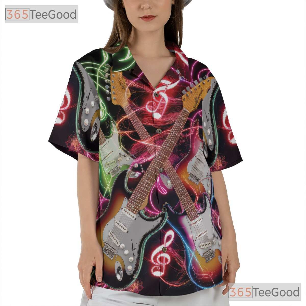 Neon Rock Music Notes Electric Guitar Black Concert Hawaiian Shirt Unisex