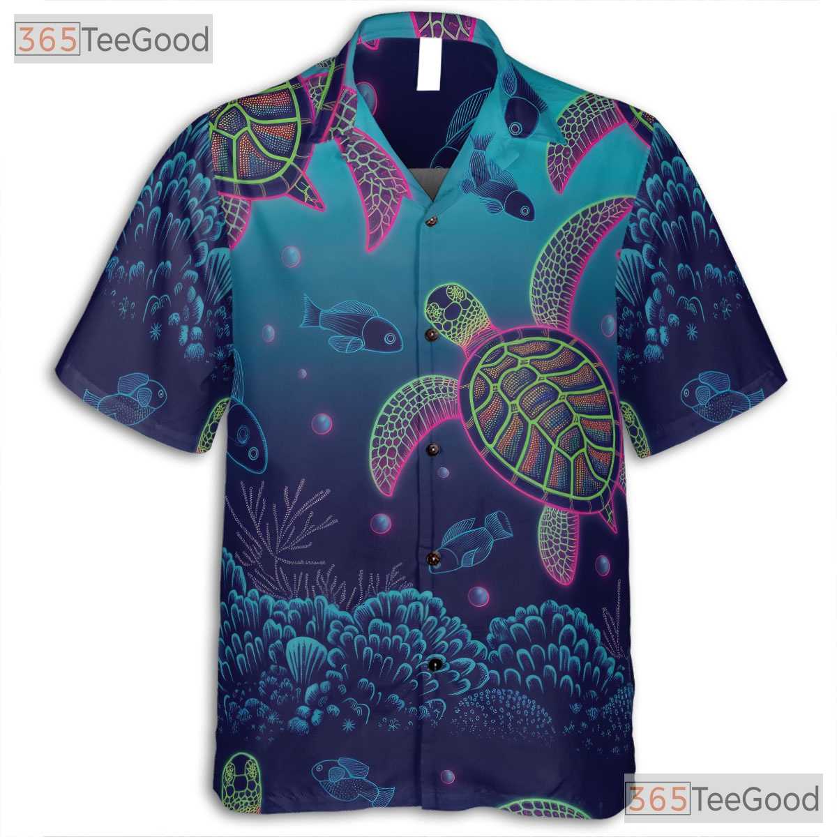 Neon Sea Turtle Coral Reef Hawaiian Shirt- Unisex Tropical Ocean Aloha Top