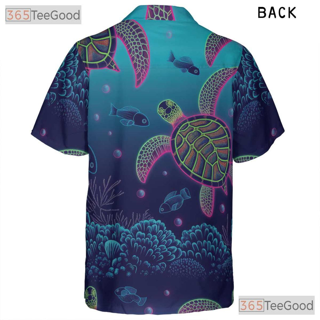 Neon Sea Turtle Coral Reef Hawaiian Shirt- Unisex Tropical Ocean Aloha Top