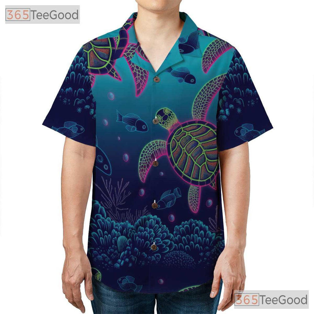 Neon Sea Turtle Coral Reef Hawaiian Shirt- Unisex Tropical Ocean Aloha Top