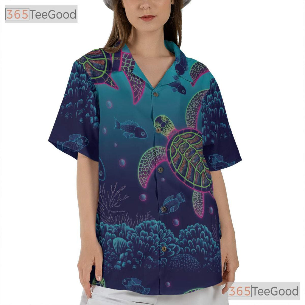Neon Sea Turtle Coral Reef Hawaiian Shirt- Unisex Tropical Ocean Aloha Top