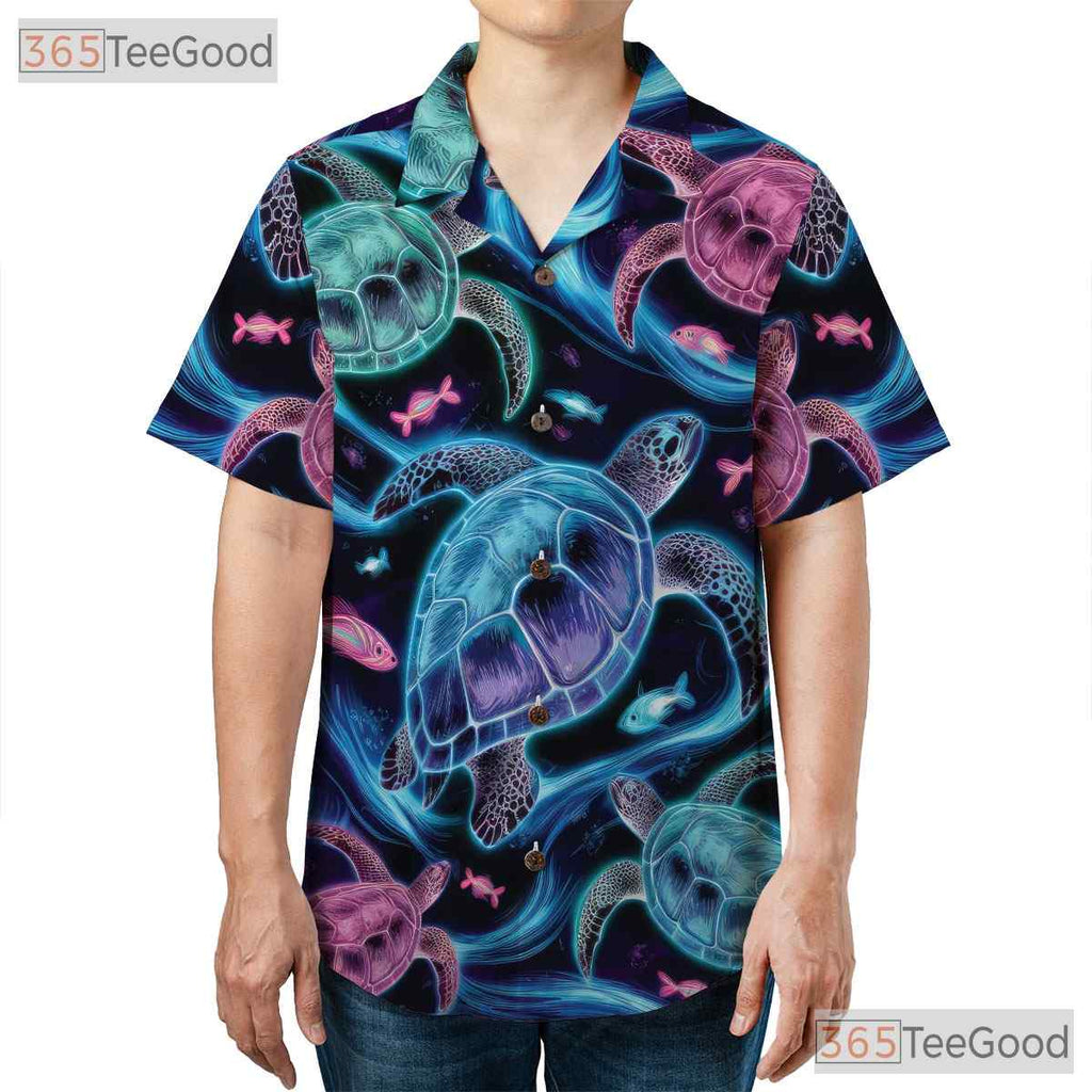 Neon Sea Turtle Vibrant Ocean Aloha Beachwear Hawaiian Shirt Unisex Summer Top