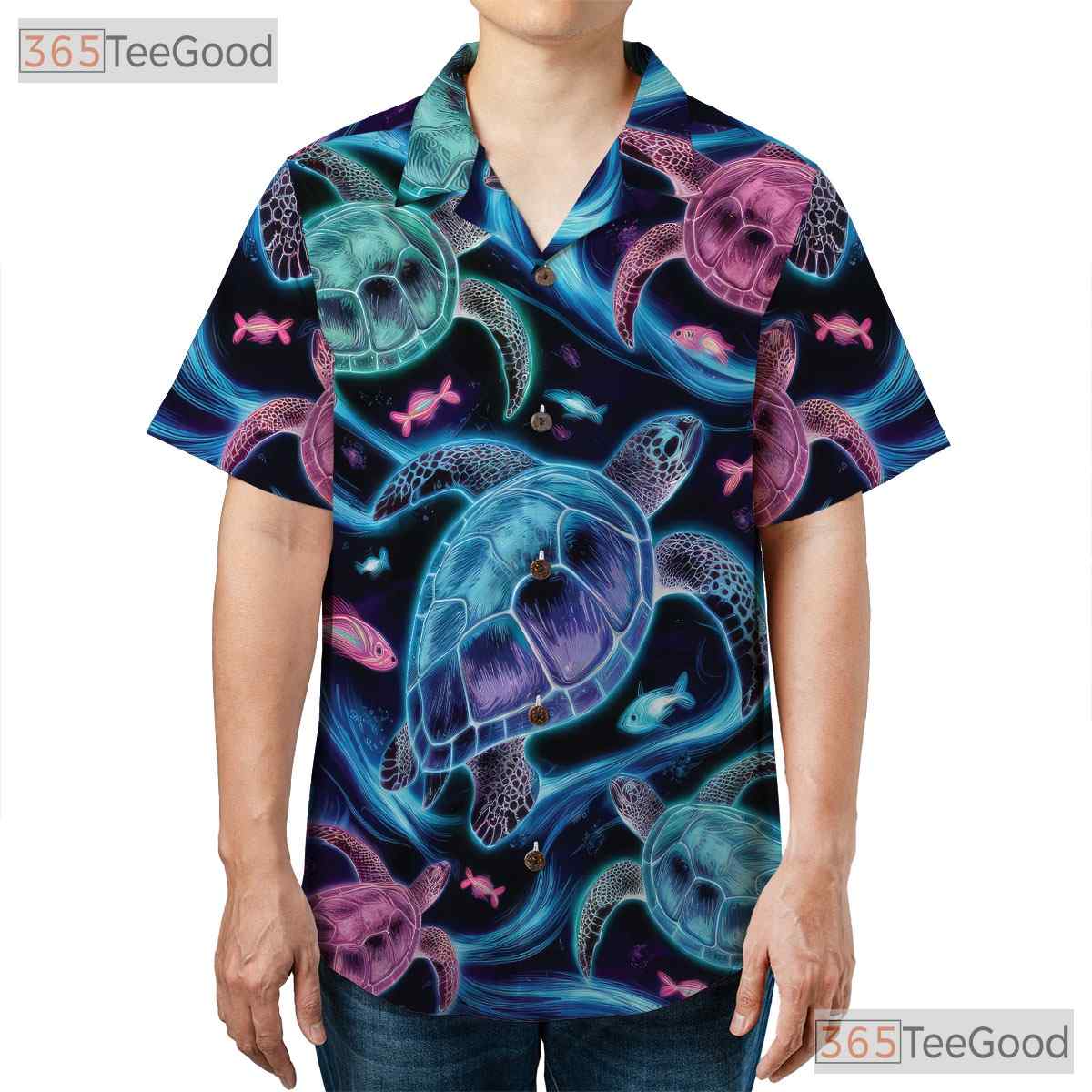 Neon Sea Turtle Vibrant Ocean Aloha Beachwear Hawaiian Shirt Unisex Summer Top