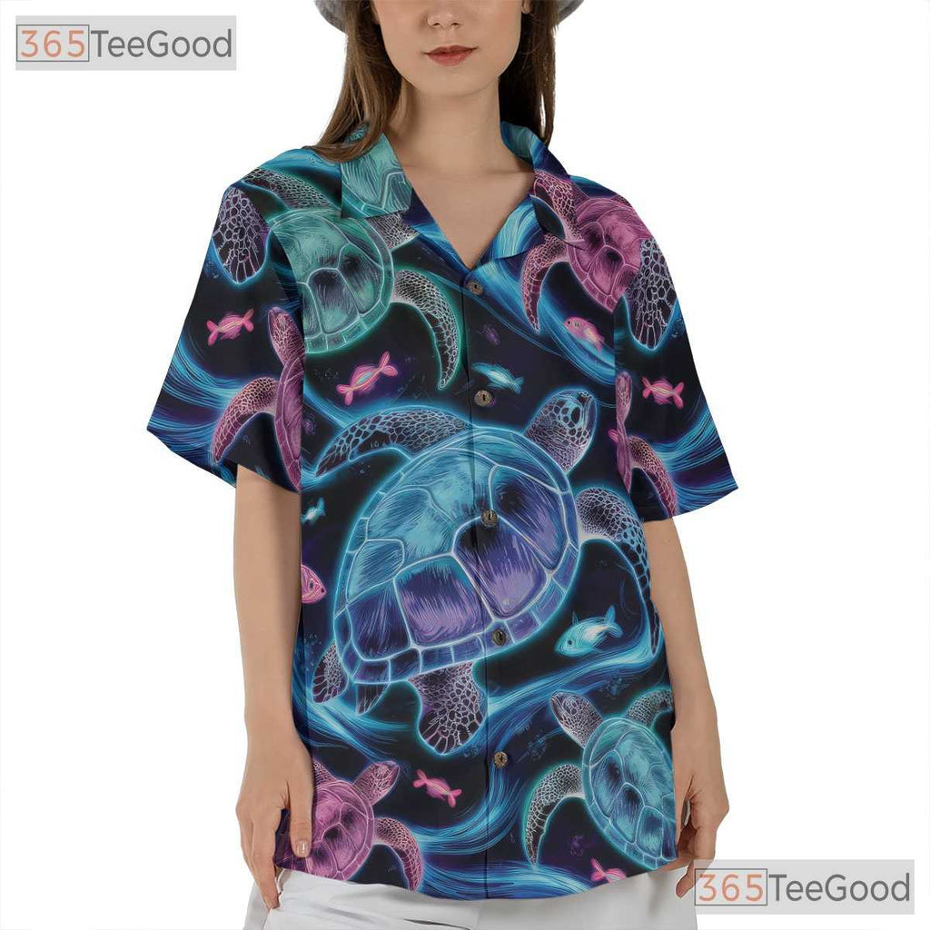 Neon Sea Turtle Vibrant Ocean Aloha Beachwear Hawaiian Shirt Unisex Summer Top