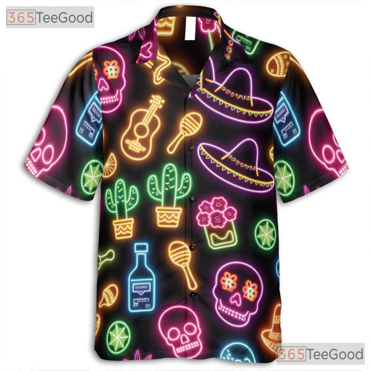 Neon Skull Cactus Guitar Hawaiian Tee- Unisex Fiesta Summer Party Apparel