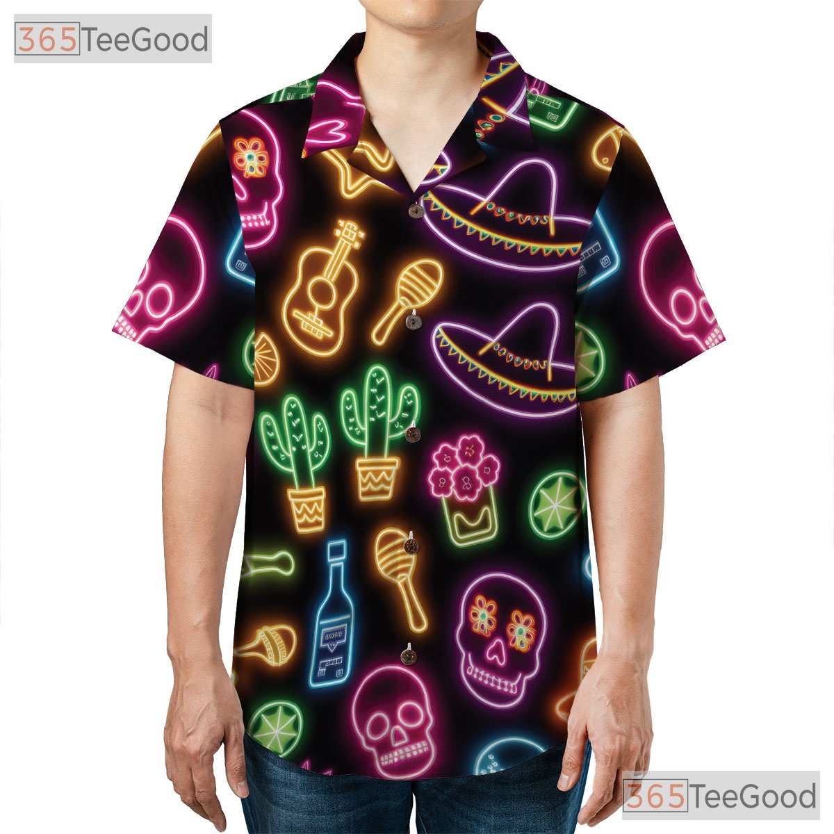 Neon Skull Cactus Guitar Hawaiian Tee- Unisex Fiesta Summer Party Apparel