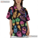 Neon Skull Cactus Guitar Hawaiian Tee- Unisex Fiesta Summer Party Apparel